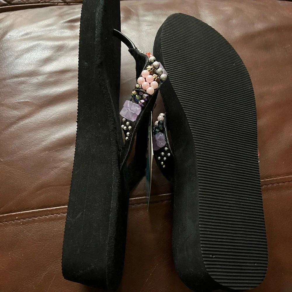 NWT Black Beaded Wedge Sandals Sz 11